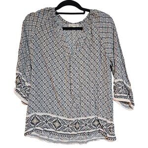 Artisan Ny Womens 3/4 Sleeve Boho Printed Blouse M 100% Rayon Blue & White